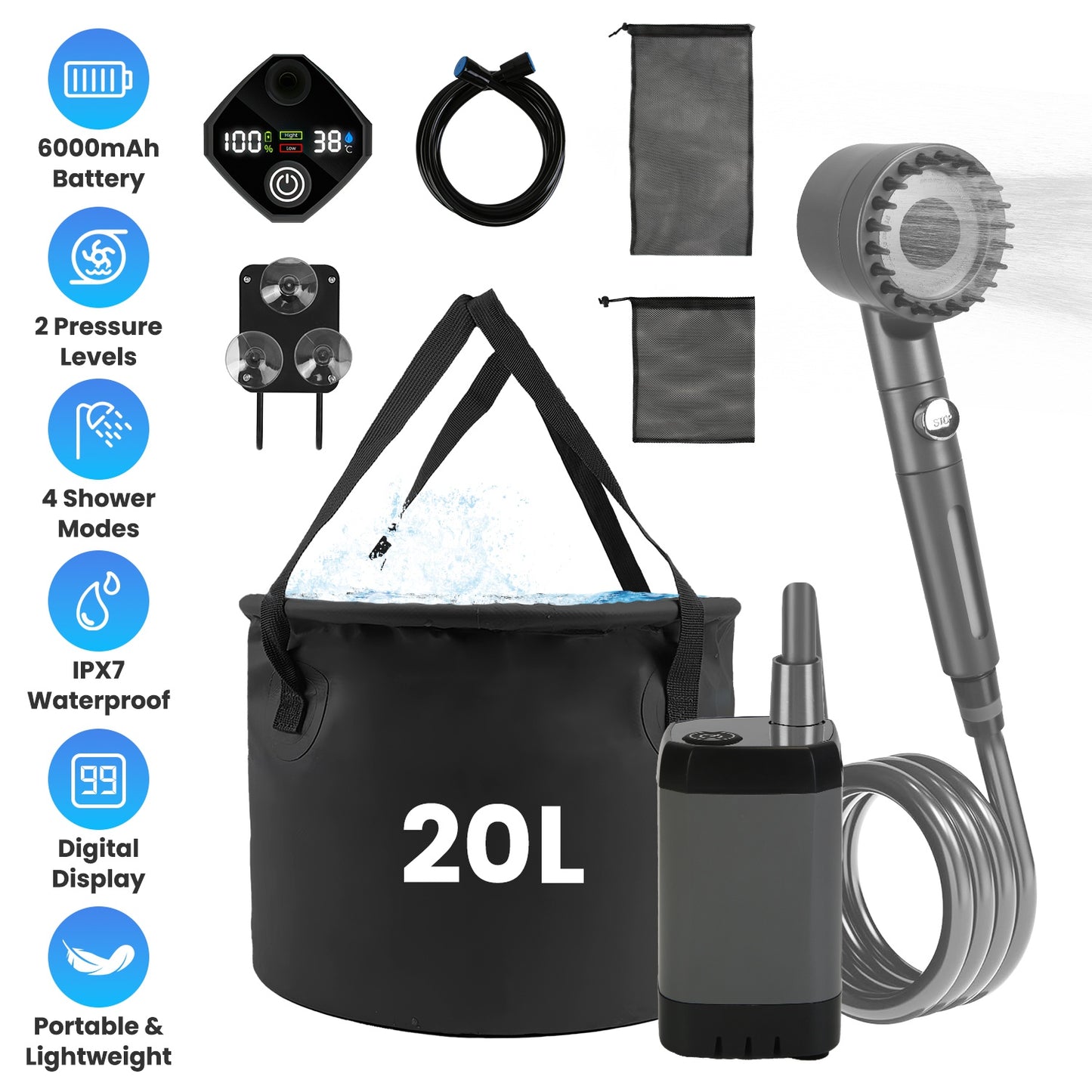 Portable Camping Shower with 6000mAh Battery & Filtered Shower Head