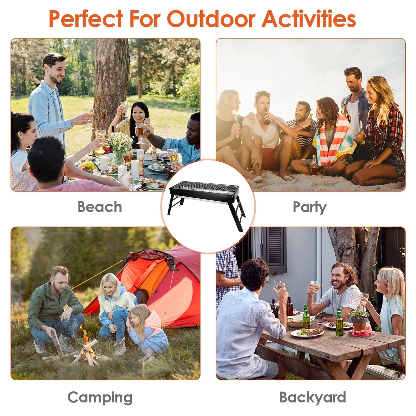 Portable Foldable Charcoal BBQ Grill - Stainless Steel for Camping