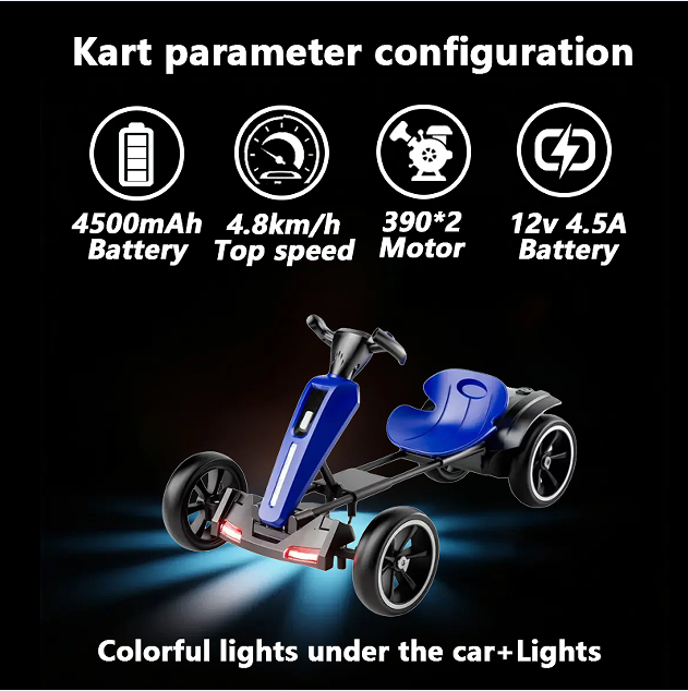 12V Electric Kids Pedal Go Kart - Adjustable Blue Ride-On Toy