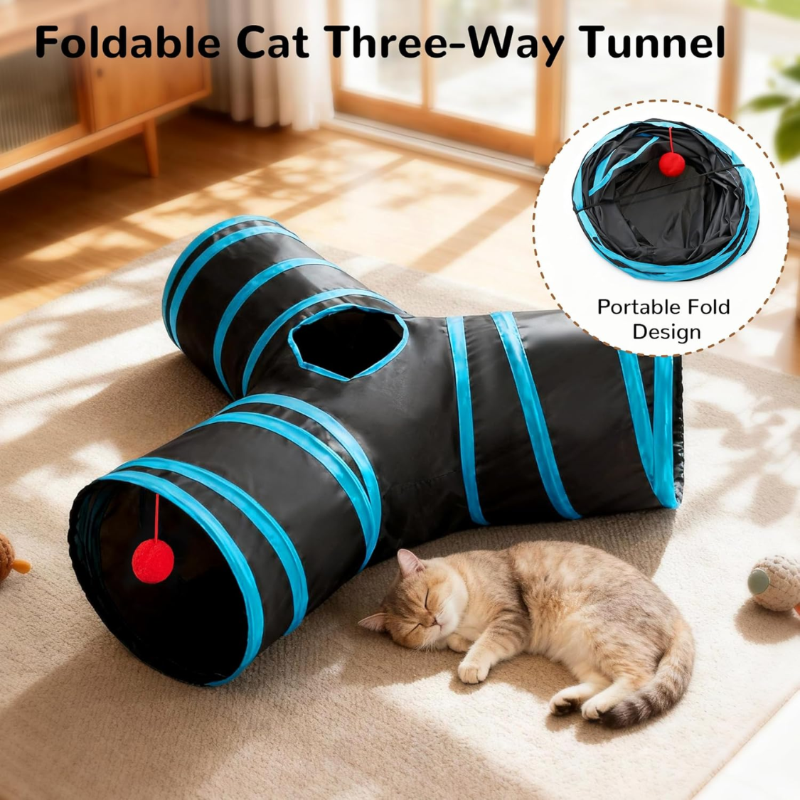 Collapsible Cat Tunnel Tube Toys for Indoor Cats with Peek Holes & Teaser Wand