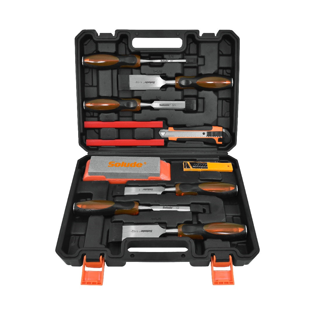 11-Piece Woodworking Chisel Set with Rubber Handles and Storage Toolbox