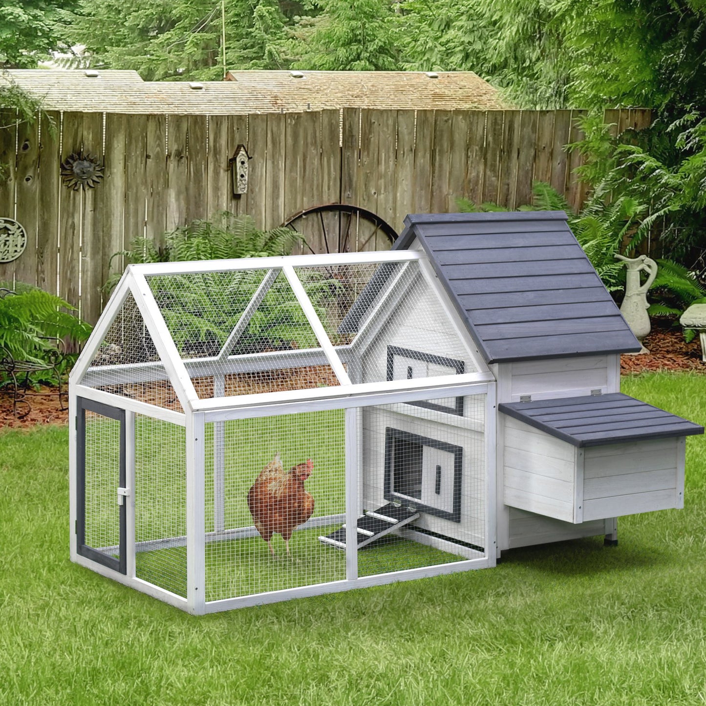 65-Inch Wooden Chicken Coop with Run, Nesting Box, Ramp, and Weatherproof Design