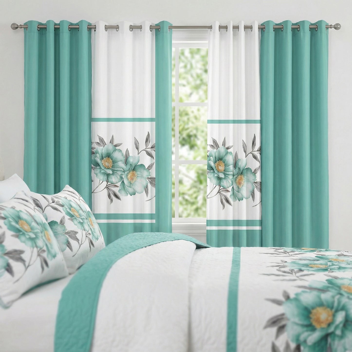 9-Piece Teal Floral Bedding Set with Customizable Curtains
