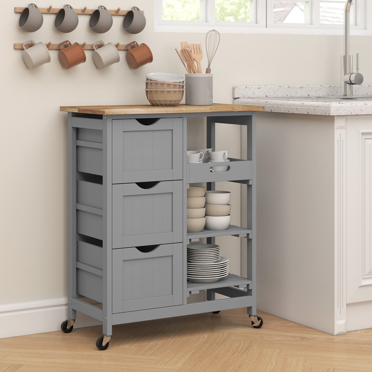 Rolling Kitchen Cart with Wood Top, Shelves & Drawers - Gray