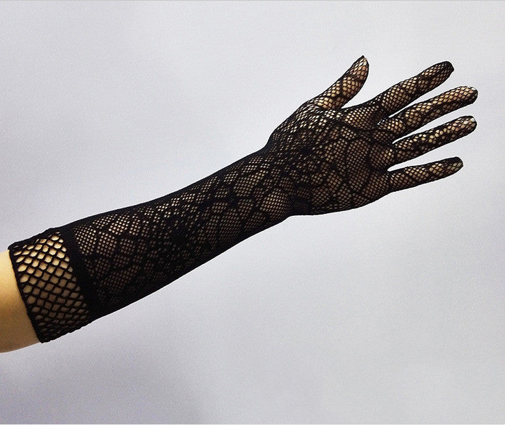 Halloween Spider Web Mesh Gloves - Long Stretch Costume Gloves for Adults