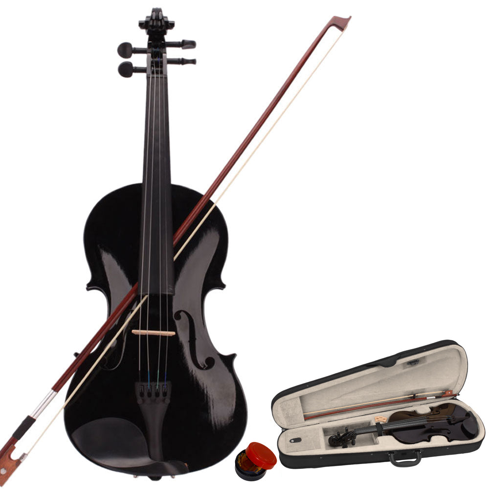 Black Acoustic Violin Set - Full Size with Case, Bow & Rosin