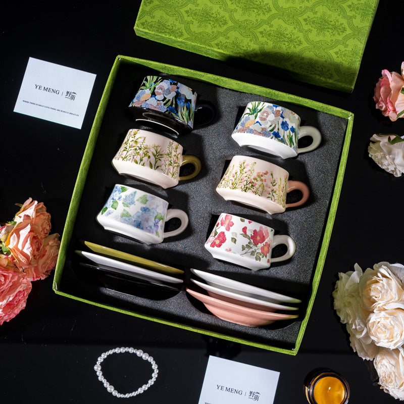 Elegant Iris Flower Ceramic Coffee Cup Set with Gift Box - Multiple Styles & Sizes