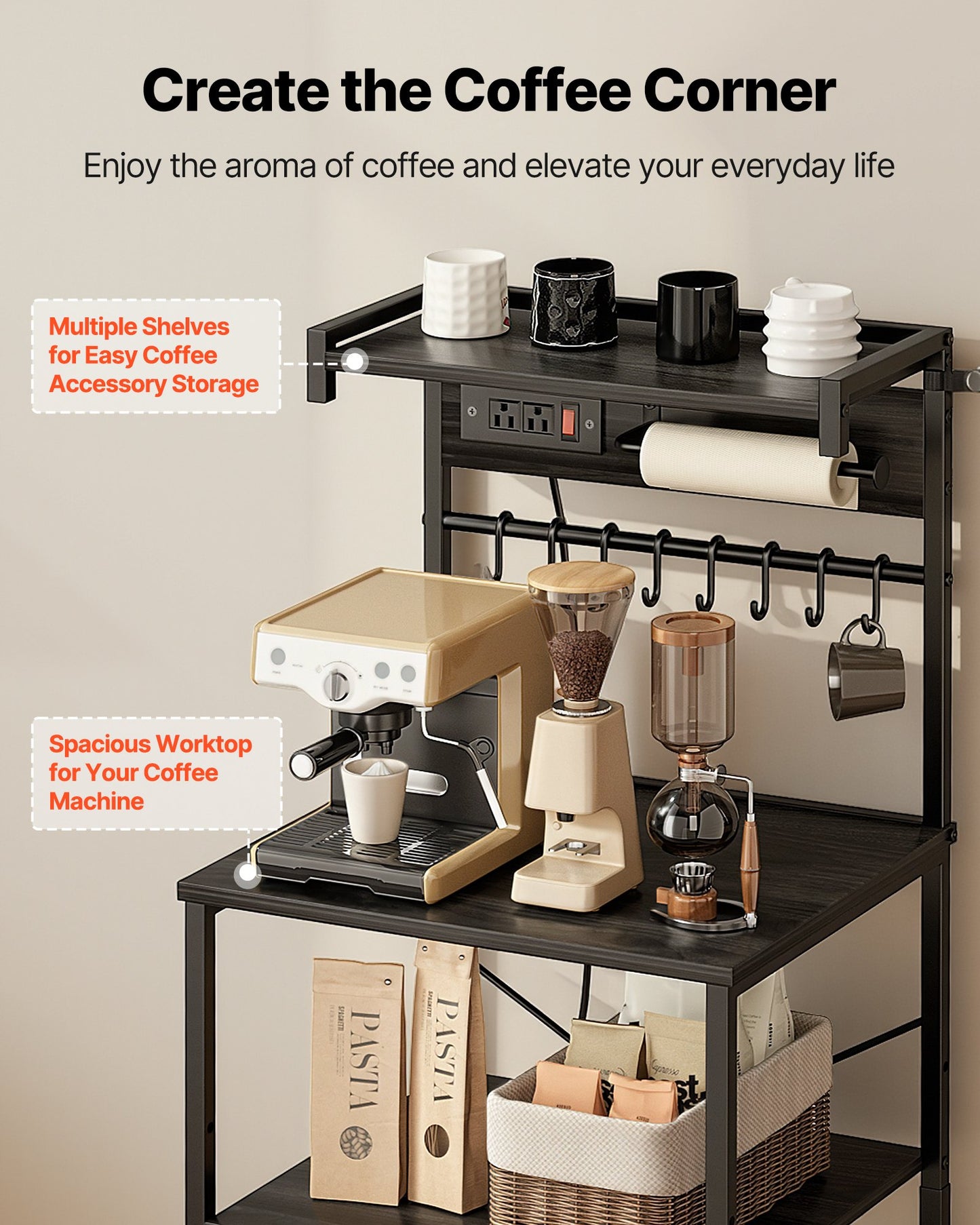 Kitchen Bakers Rack with Power Outlet and Hooks - 4.6ft Black