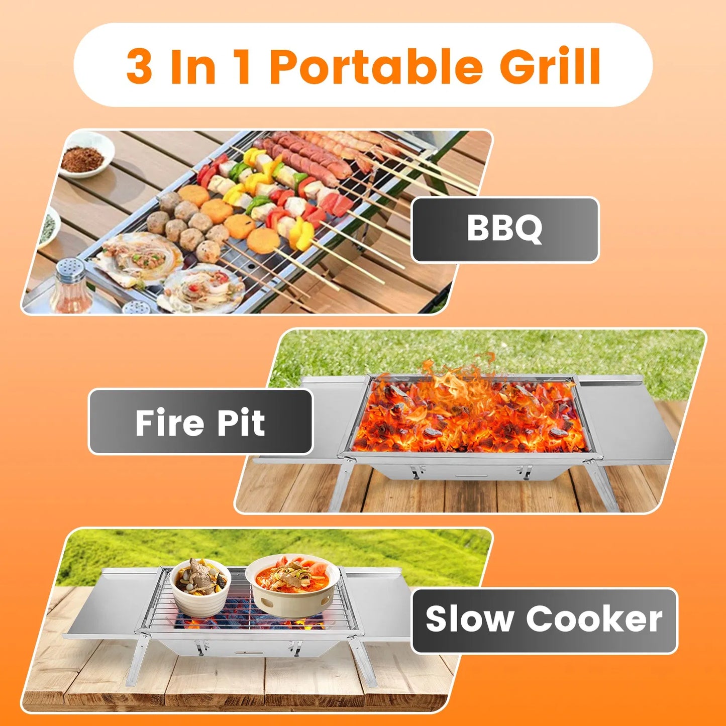 3-in-1 Portable Charcoal Grill & Fire Pit - Stainless Steel
