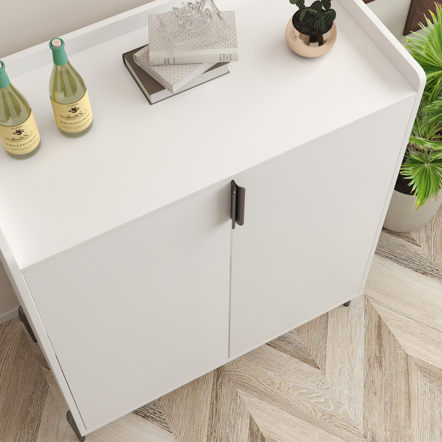 2 Doors Home Wine Bar Cabinet With Rack & Adjustable Storage Shelf,