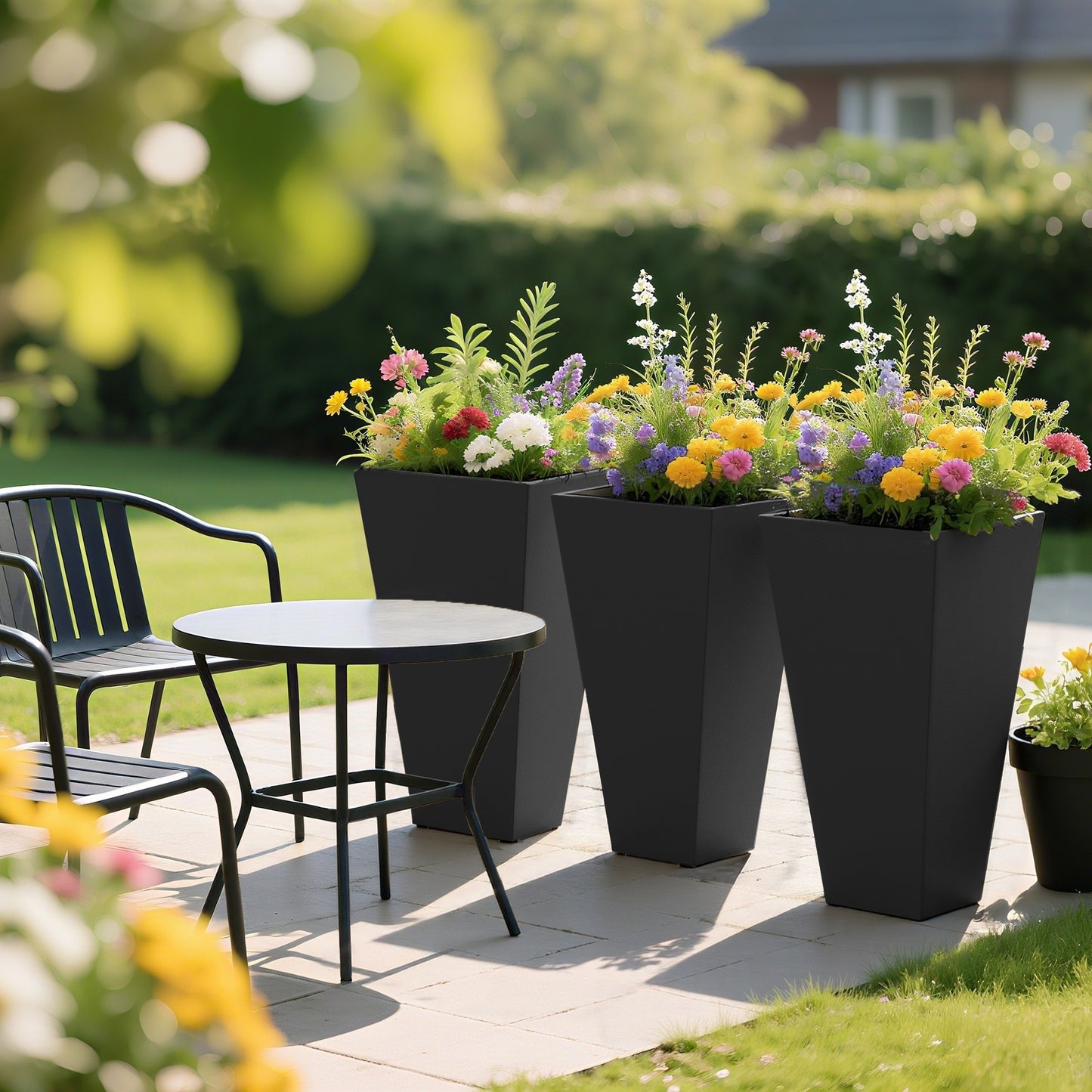 Tall Outdoor Plant Planters Set of 3 - 28 Inch Black Taper Pots with Drainage Holes
