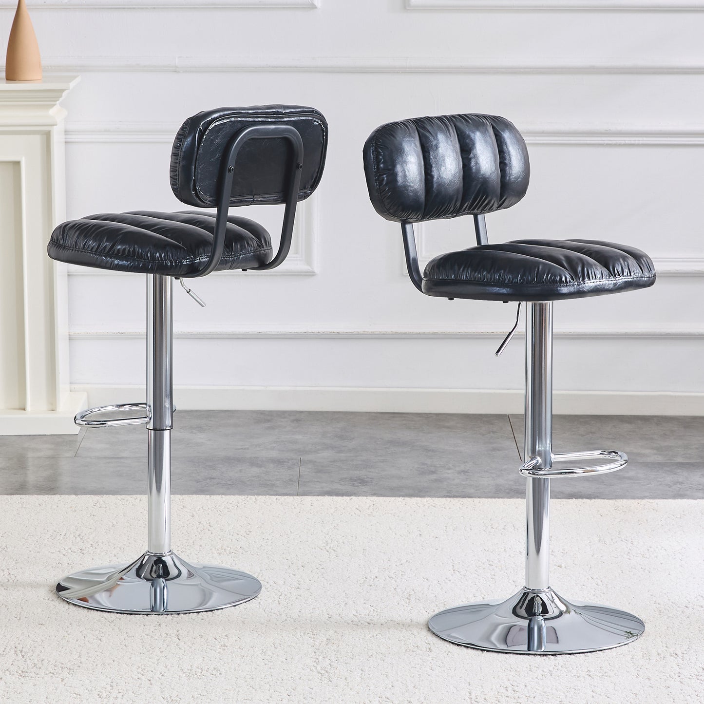 Set Of 2 Adjustable Height Bar Stools, Black PU Leather Upholstered