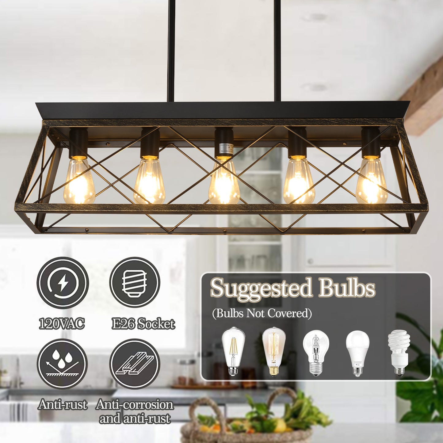 Black Gold Industrial Pendant Light Fixture 32in Modern Metal Cage Chandelier