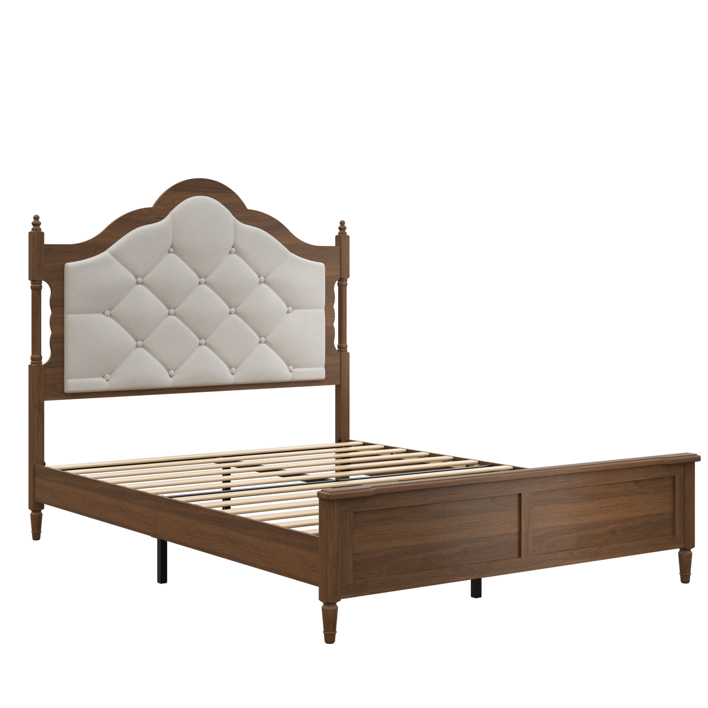 Queen Size Wood Platform Bed Frame with Upholstered Headboard, Brown