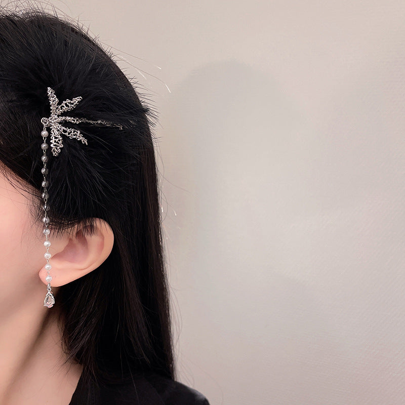Feather Hairpin with Pearl Tassel - Duck Beak Clip