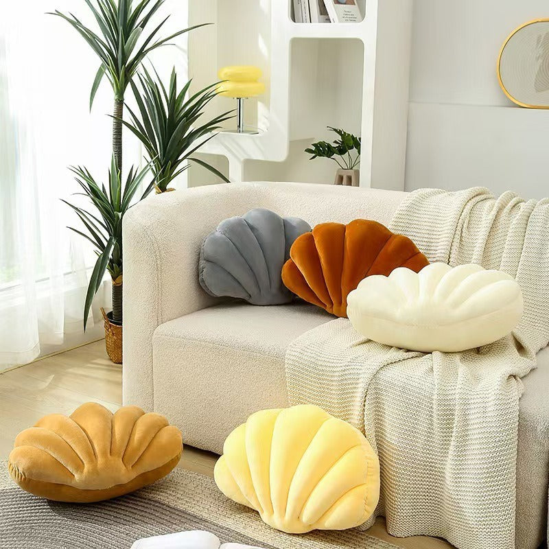 Seashell Shaped Throw Pillow - Velvet Cushion for Sofa & Bedroom Decor - Yellow