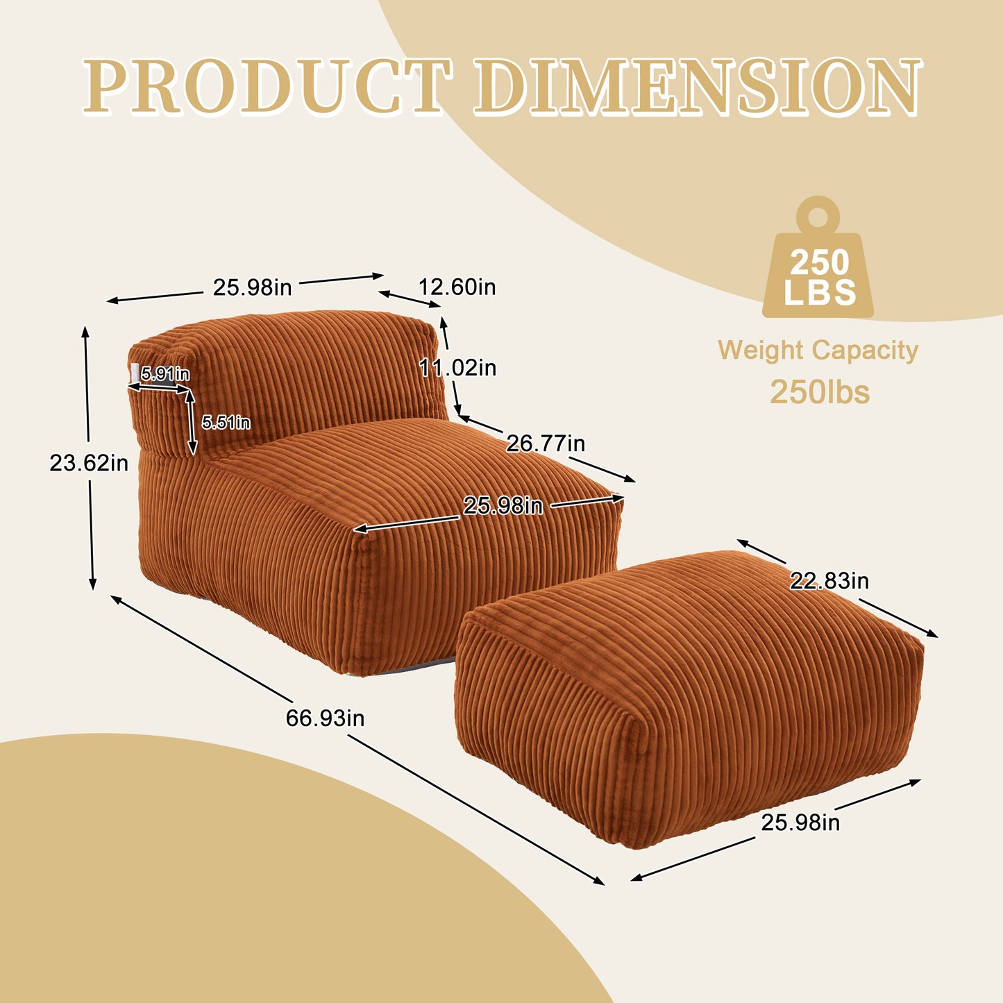 Large Memory Foam Bean Bag Chair for Adults - Orange Corduroy