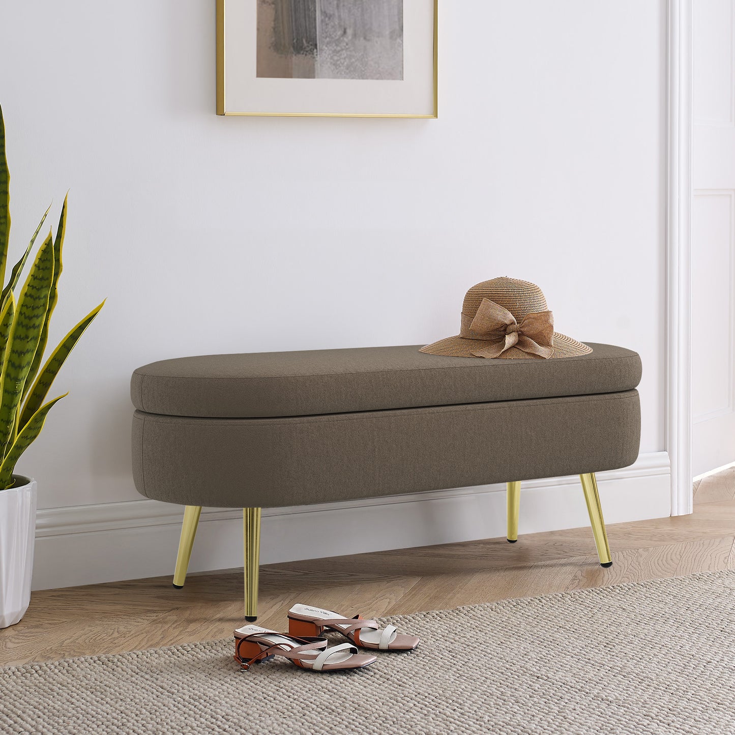 Brown Flannel Storage Ottoman Bench with Metal Legs - 43.5"