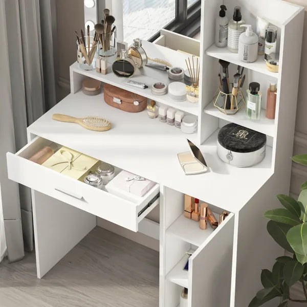 Vanity Desk with Mirror & Adjustable Lighting - White
