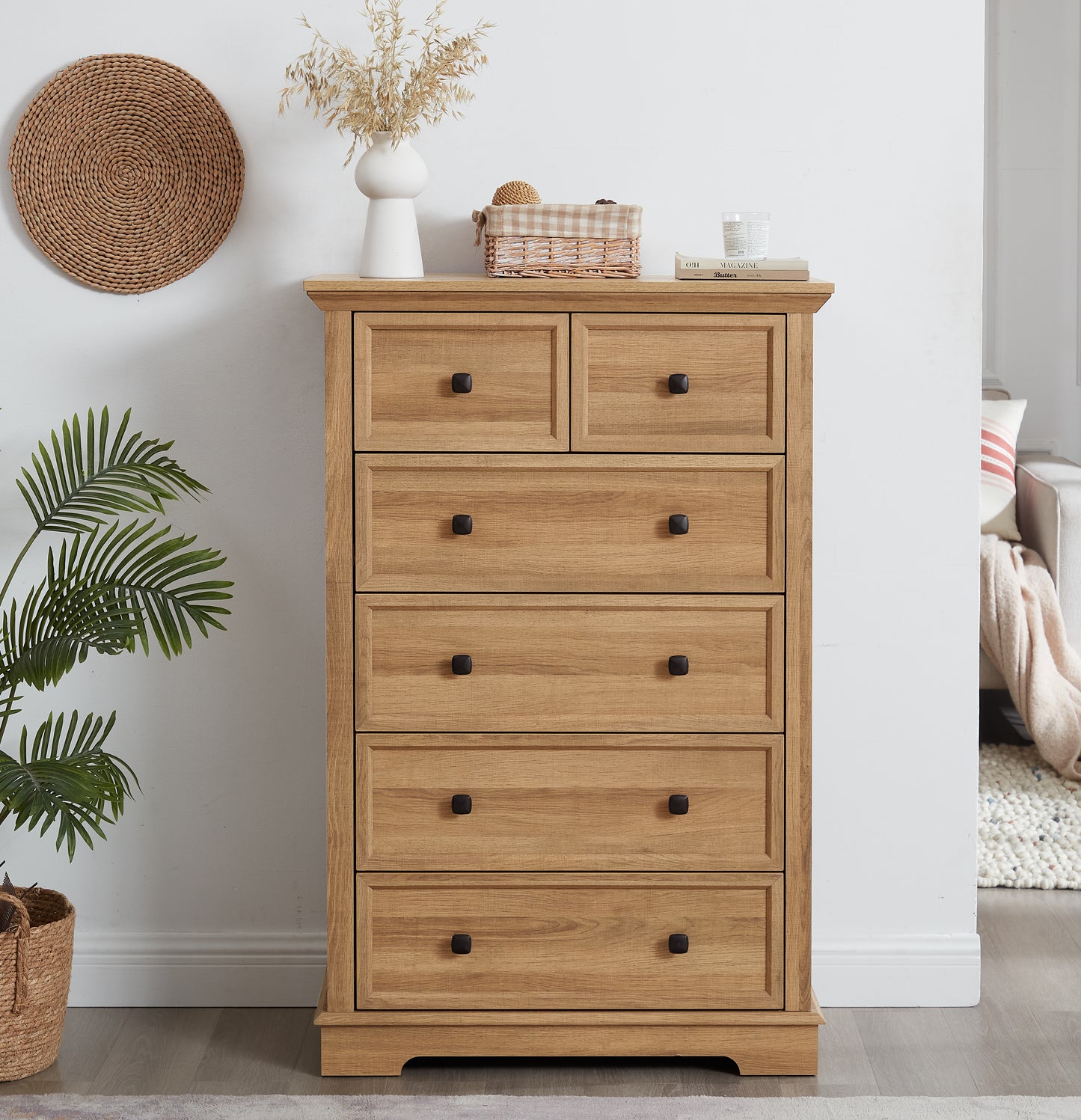 6 Drawer Oak Dresser - Tall Chest of Drawers for Storage