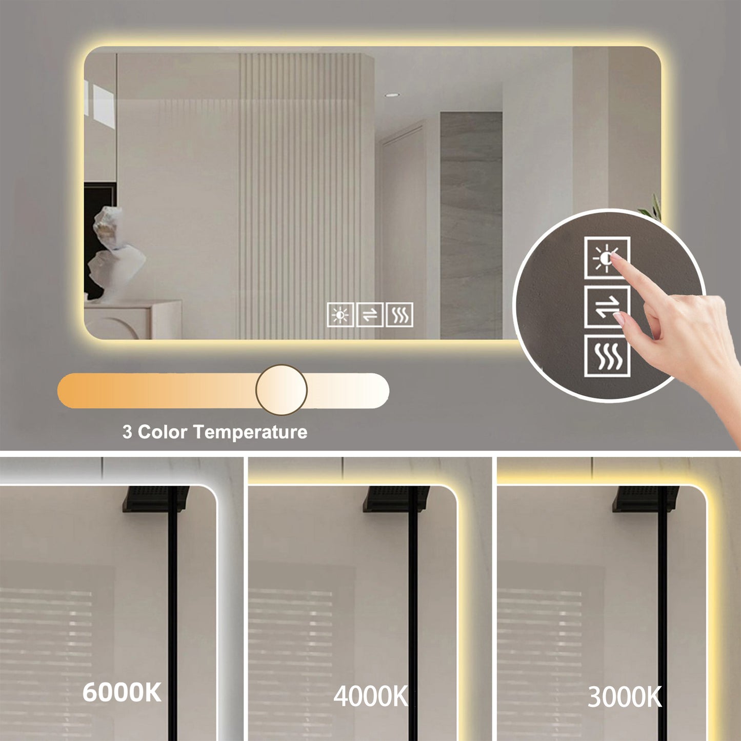 LED Bathroom Mirror - 48x24in, Corrosion-Resistant, Dimmable with Demist Function - Silver
