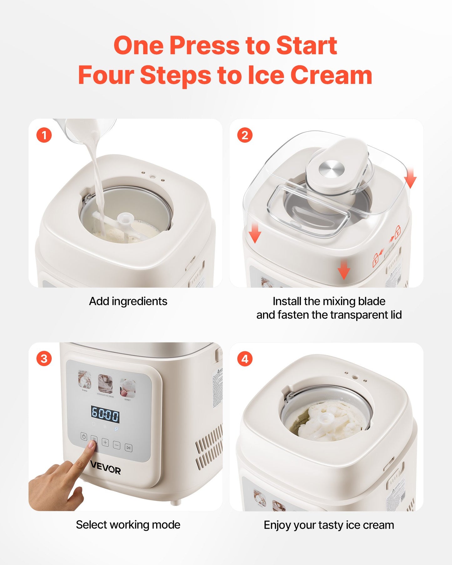1 Quart Automatic Ice Cream Maker with Built-in Compressor - No Pre-Freezing, White