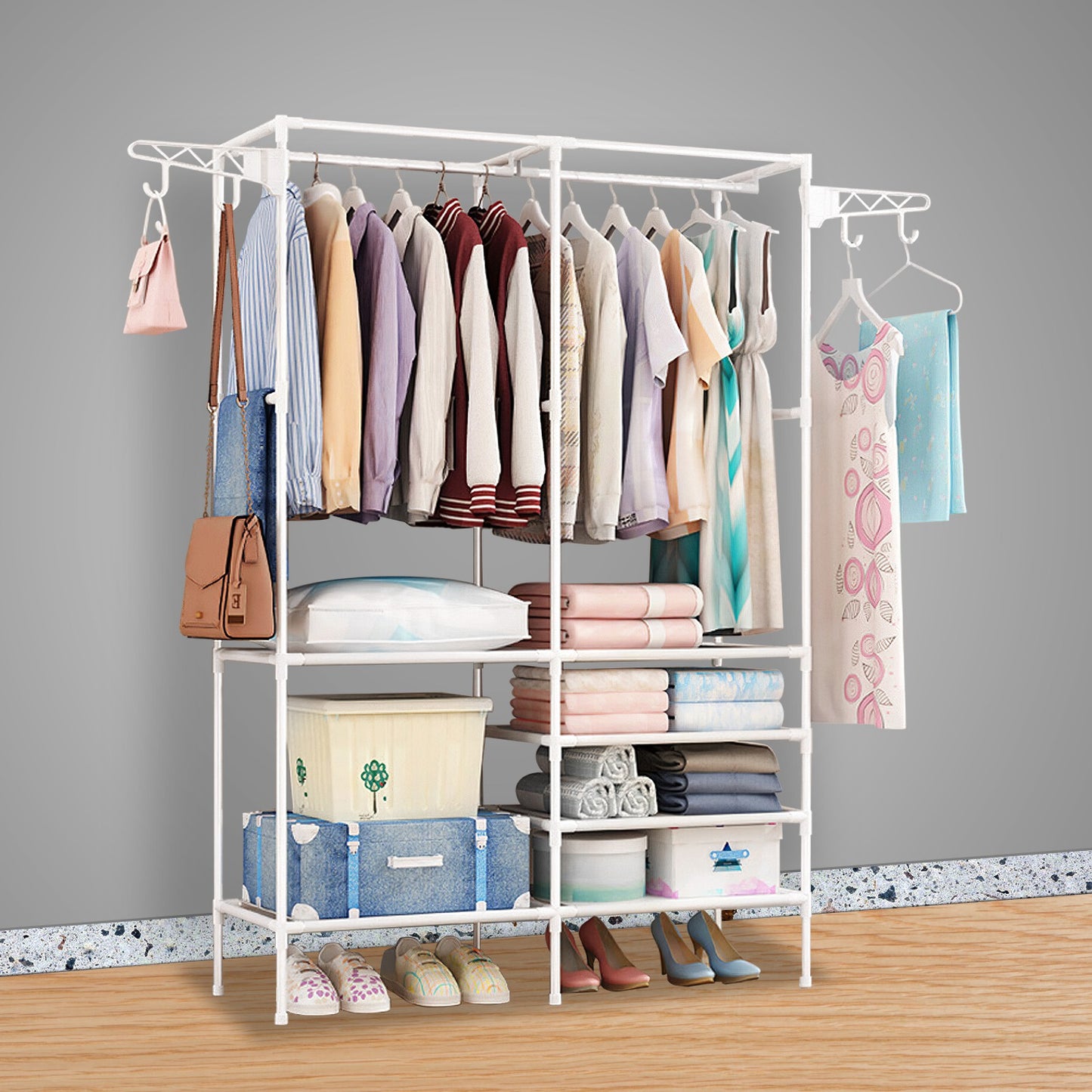 1Pc Metal Garment Rack Shoe Clothing Organizer Shelves Freestanding