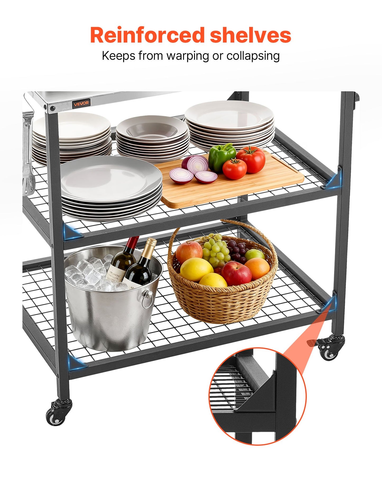 Outdoor Grill Cart with Stainless Steel Surface and 4 Wheels - Garden BBQ Prep Table