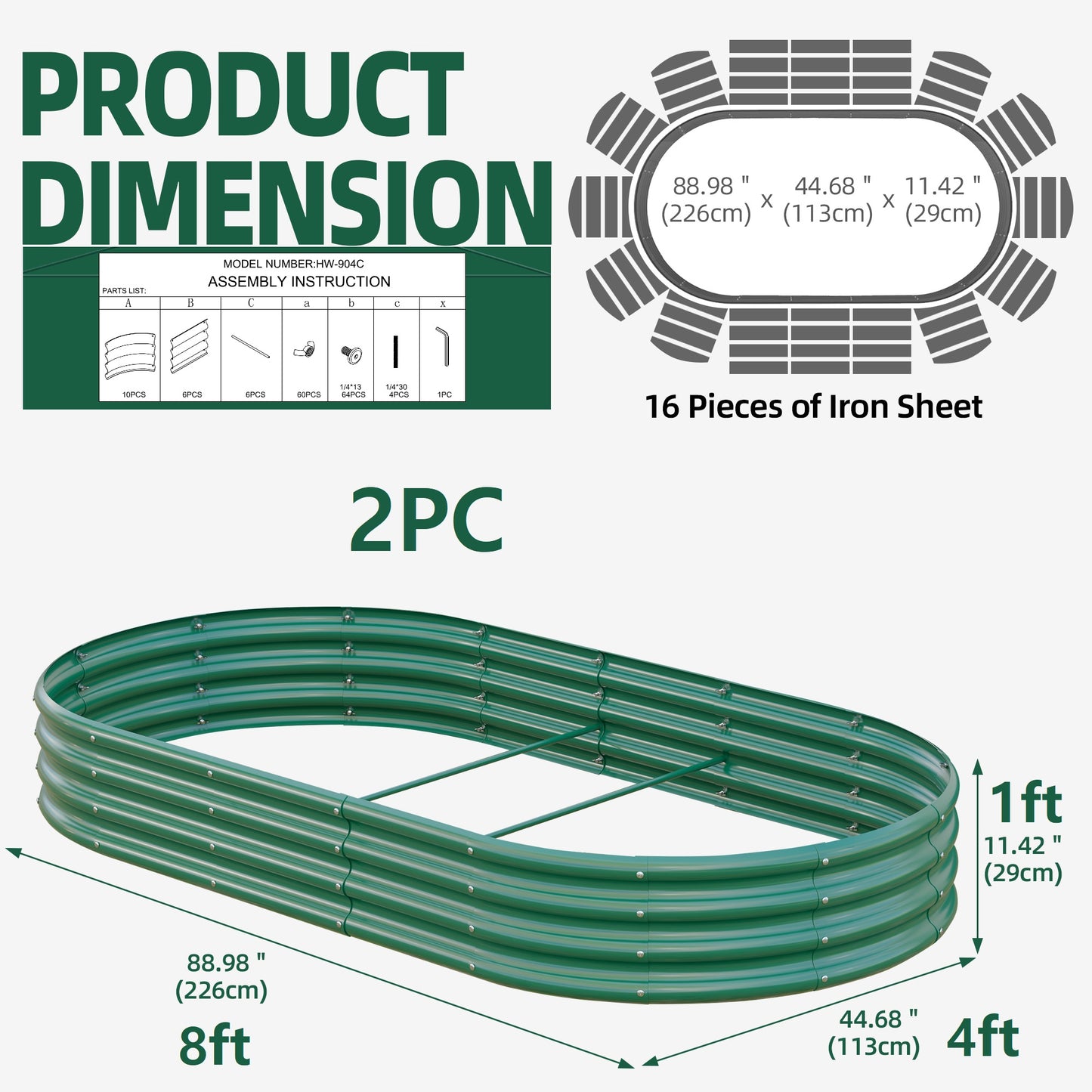 Galvanized Raised Garden Bed 8x4x1ft - Heavy Duty Metal Planter Box