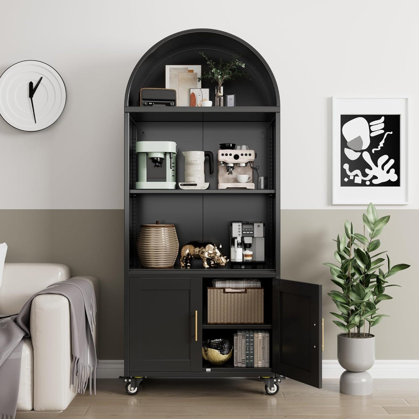 Metal Arched Bookcase with Wheels - Modern Black Storage Cabinet