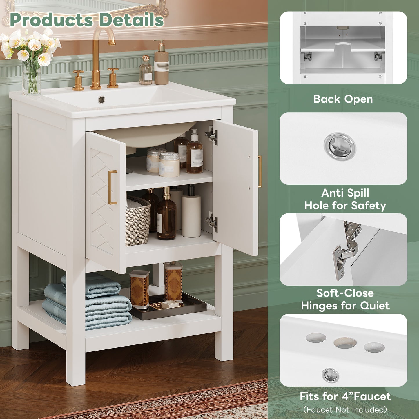 24 Modern Bathroom Vanity With Elegant Twill Design & Soft-Close