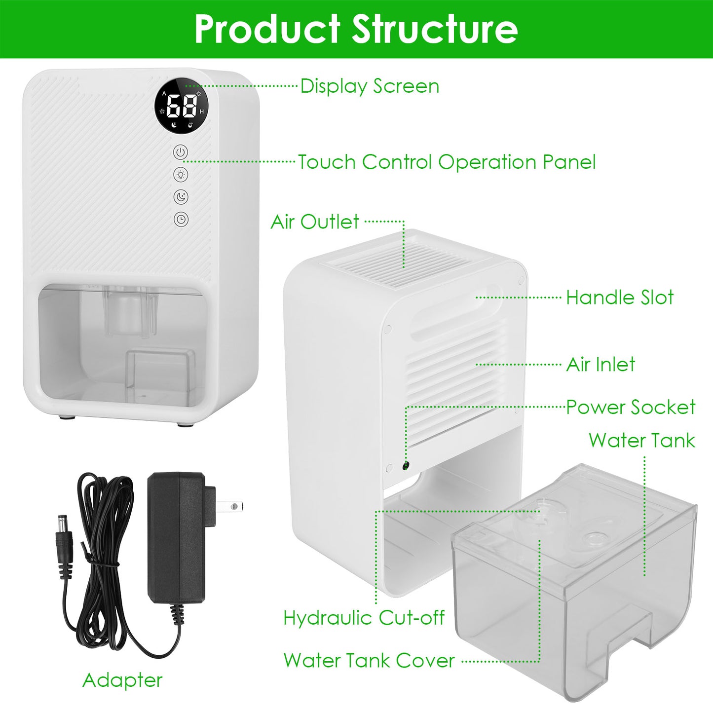 Portable Dehumidifier 37OZ with Sleep Mode, 7-Color Night Light, Timer for Home Bathroom Basement