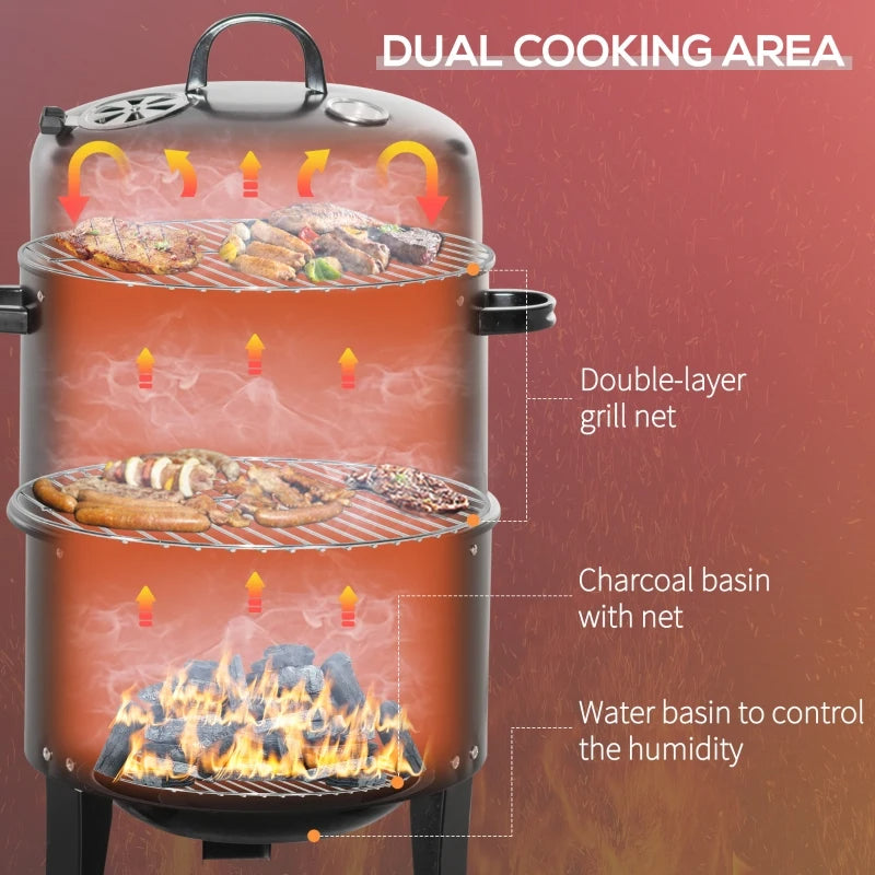 3-in-1 Vertical Charcoal BBQ Smoker Grill with Thermometer