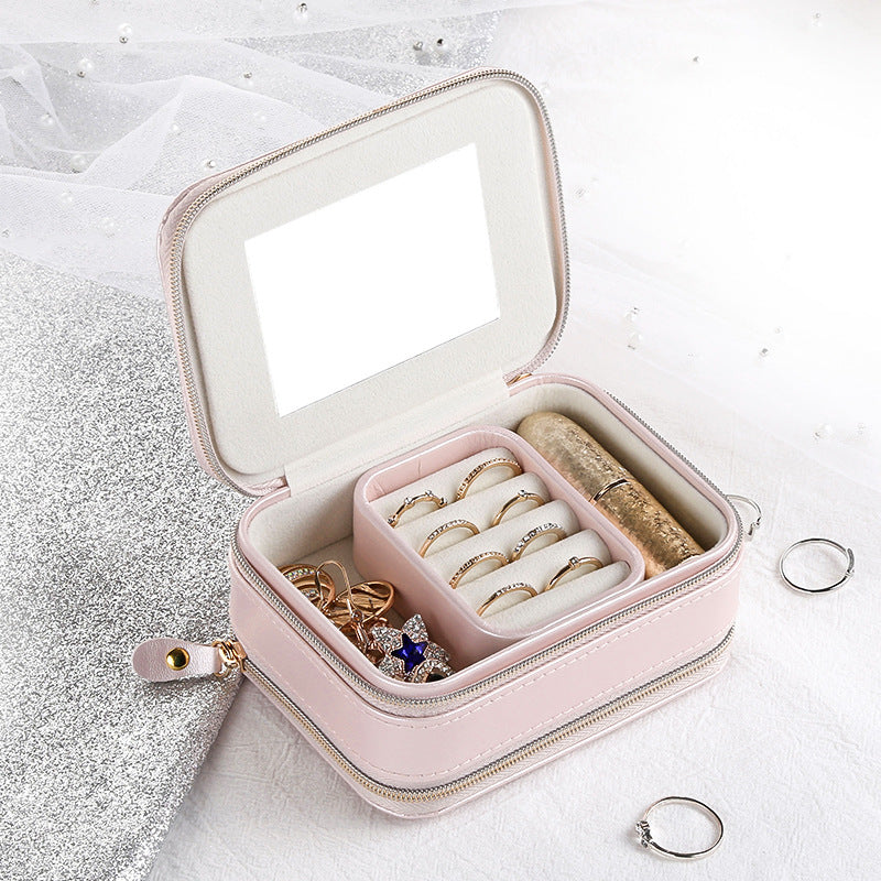 Zipper Leather Jewelry Box Storage - Pink & Light Blue