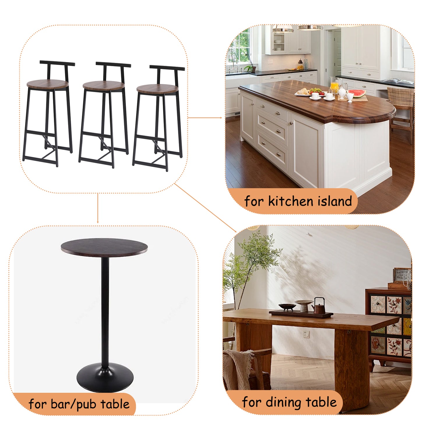 Bar Stool Set of 3 - Counter Height Armless Dining Chairs - Walnut Brown