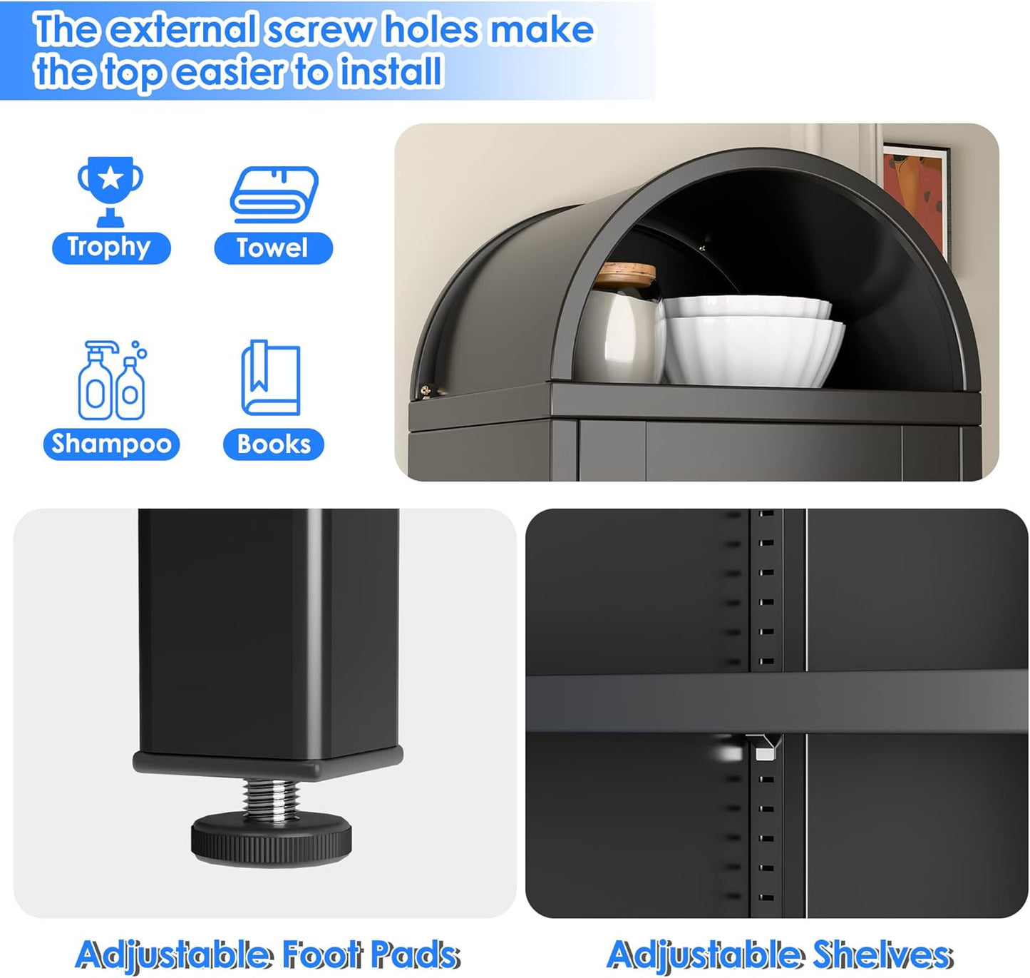 Metal Arched Bookcase Cabinet with Glass Doors & Drawer - Black