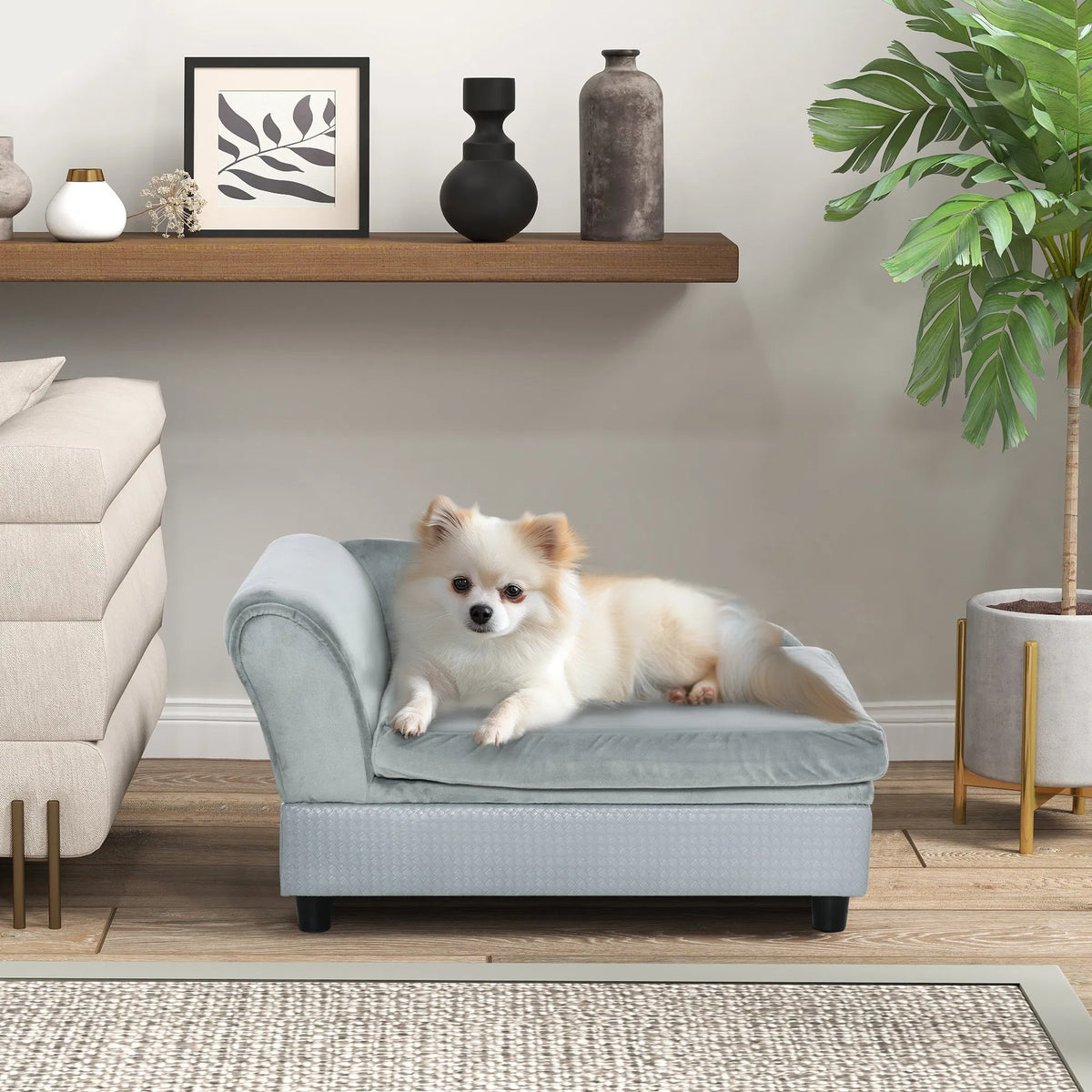 Grey Dog Bed with Hidden Storage, Soft Foam Couch for Small Dogs