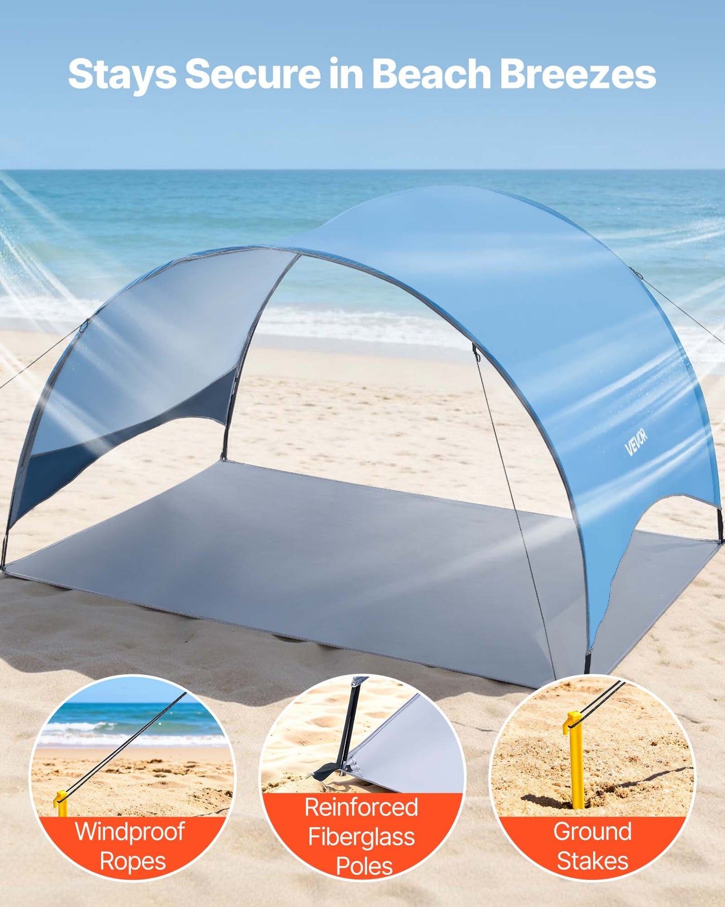 Portable 3-Person Beach Tent Sun Shelter with UPF 50+ Protection and Ground Stakes - Lightweight, Easy Setup, Windproof Canopy