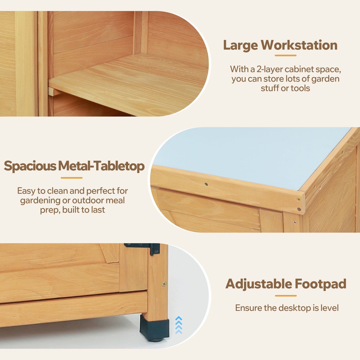 Potting Bench With Storage Cabinet And Metal Table Top For Outdoor