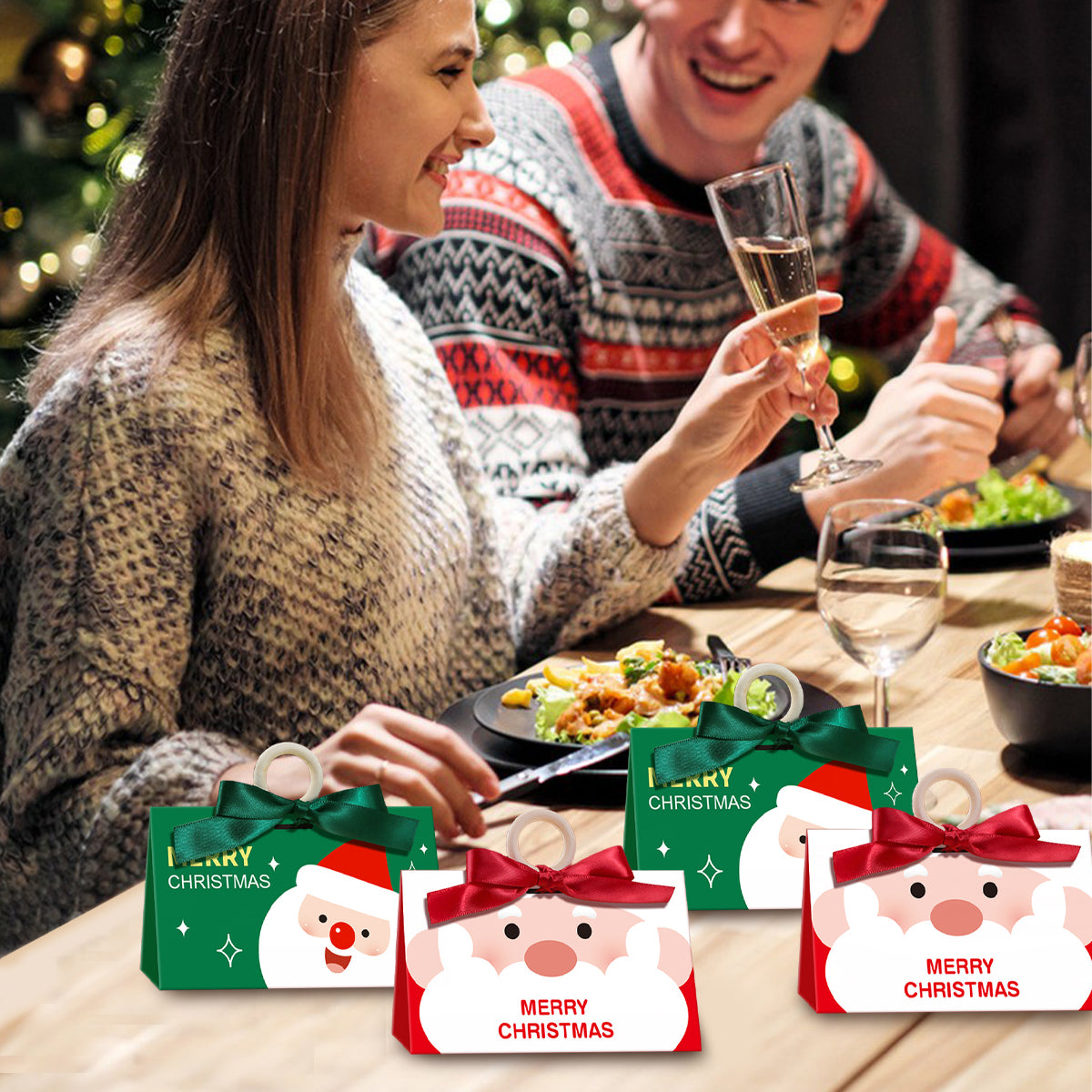 Christmas Candy Boxes - 10 Pack with Ribbon & Wooden Ring