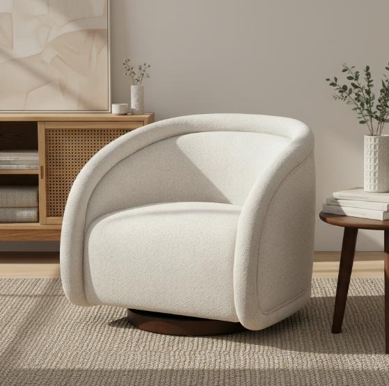Sabbo Beige Boucle Swivel Chair With Walnut-Finished Solid Wood Base