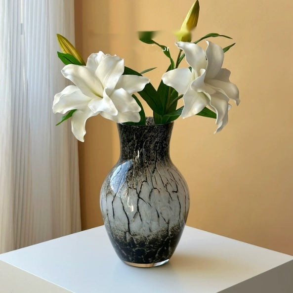 Chinese-Style Black and White Ink Wash Glazed Glass Vase - Handblown Decor