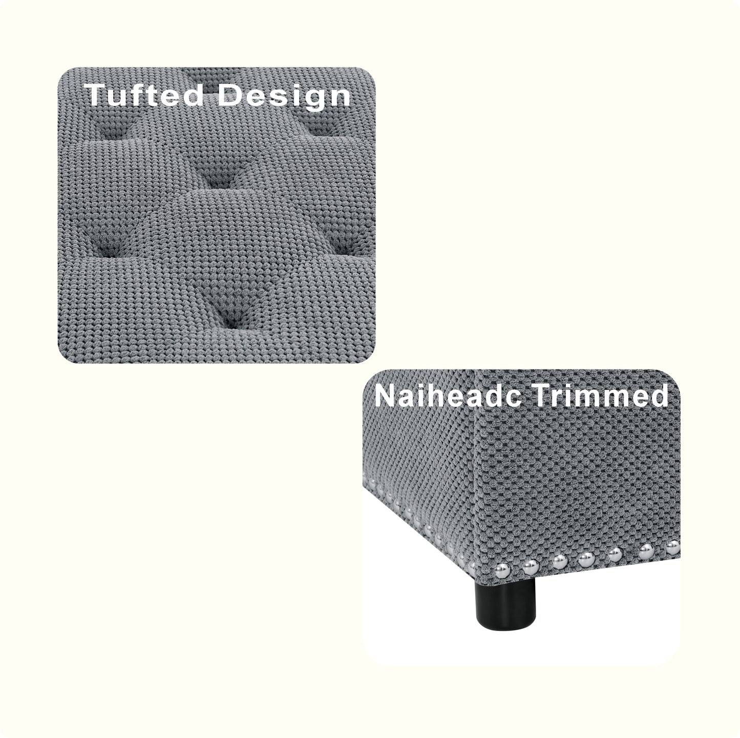 Light Gray Tufted Storage Ottoman with Nailhead Trim - Square