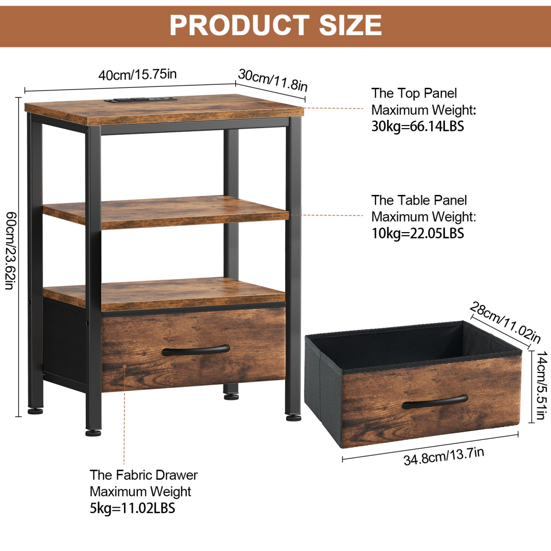 Bedside Table with USB-C Port and Adjustable Fabric Drawers