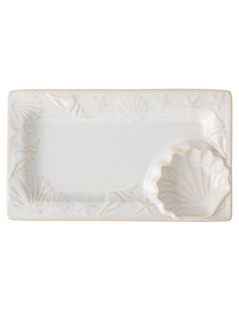 Embossed Shell Ceramic Dumpling Plate with Vinegar Dish - 7.5 Inch Rectangular Dinnerware