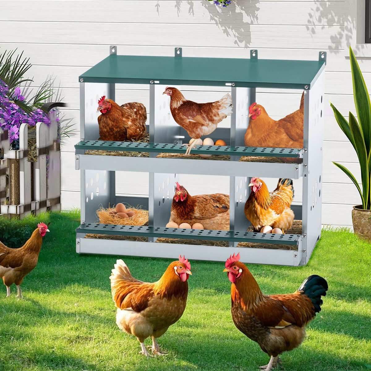 Green Chicken Nesting Box with Roll-Away Egg Collection - 6 Compartments
