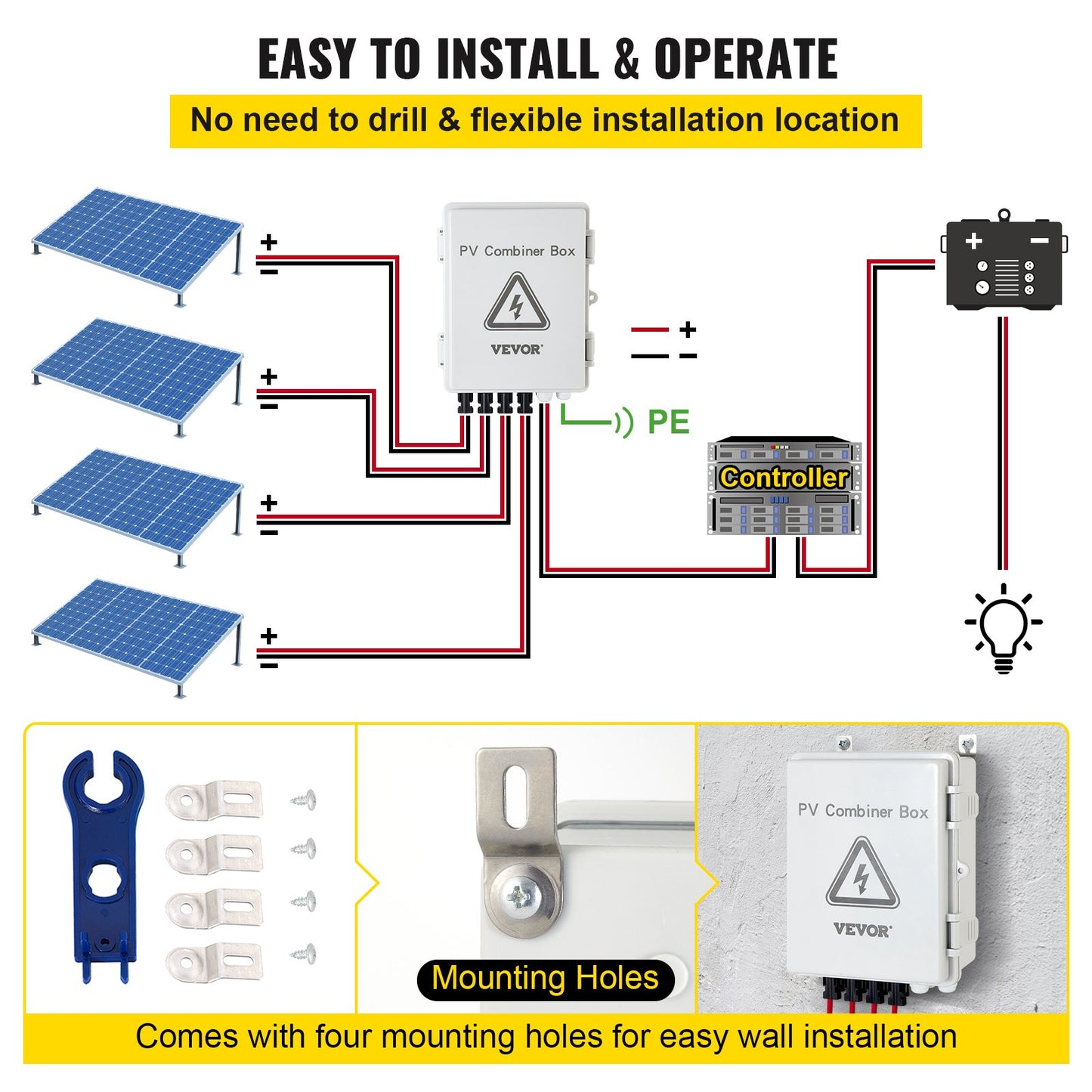 PV Combiner Box 4 String IP65 Waterproof Solar Panel Fuse Circuit Breaker Grey