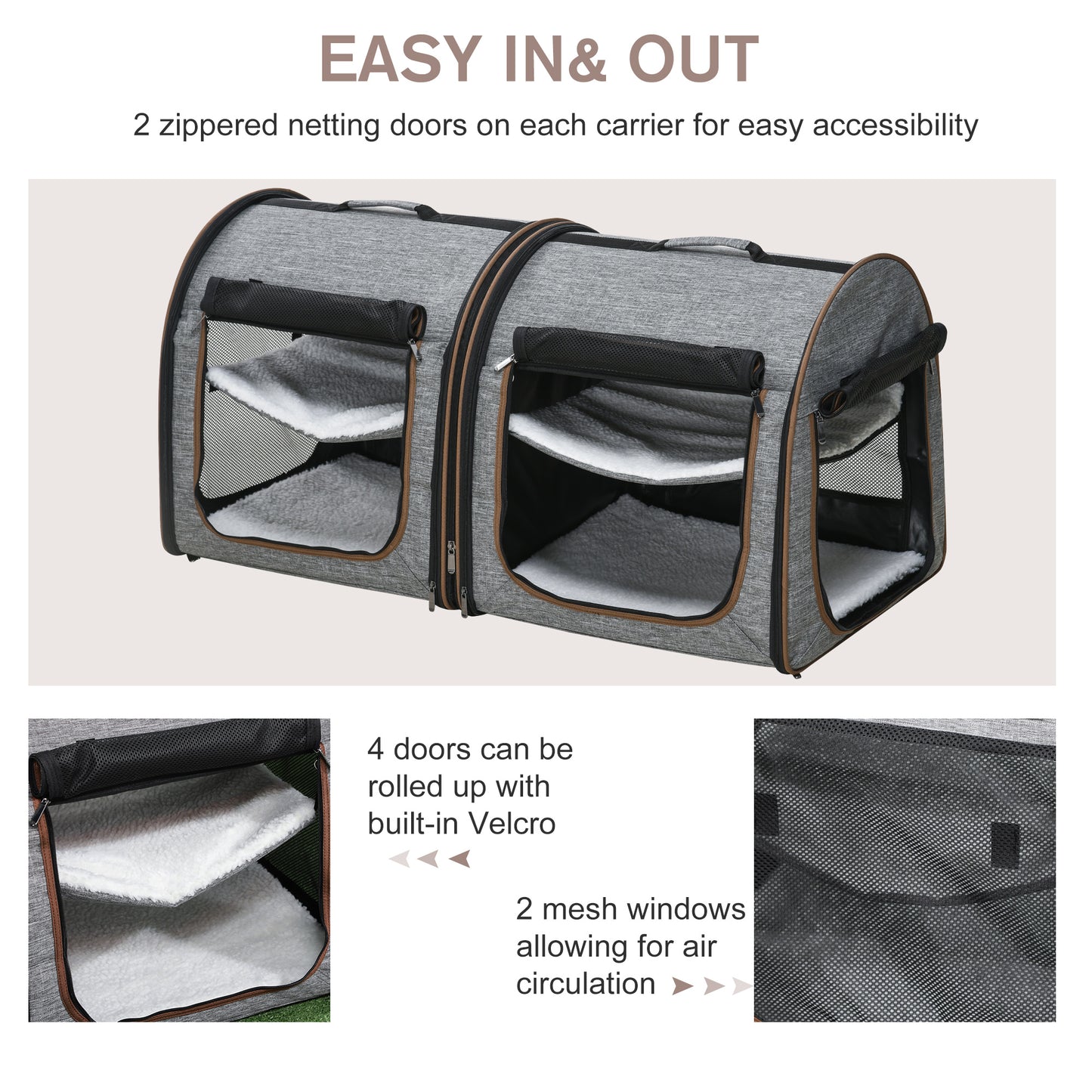 Portable Soft-Sided Cat Carrier with Divider and Storage Bag - Grey