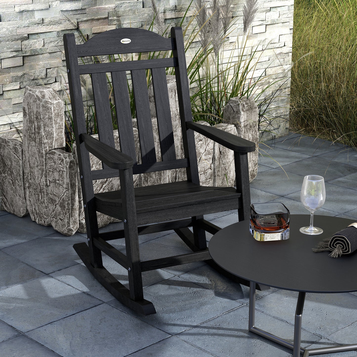 Outdoor Rocking Chair Set with Armrests - Waterproof HDPE, Black