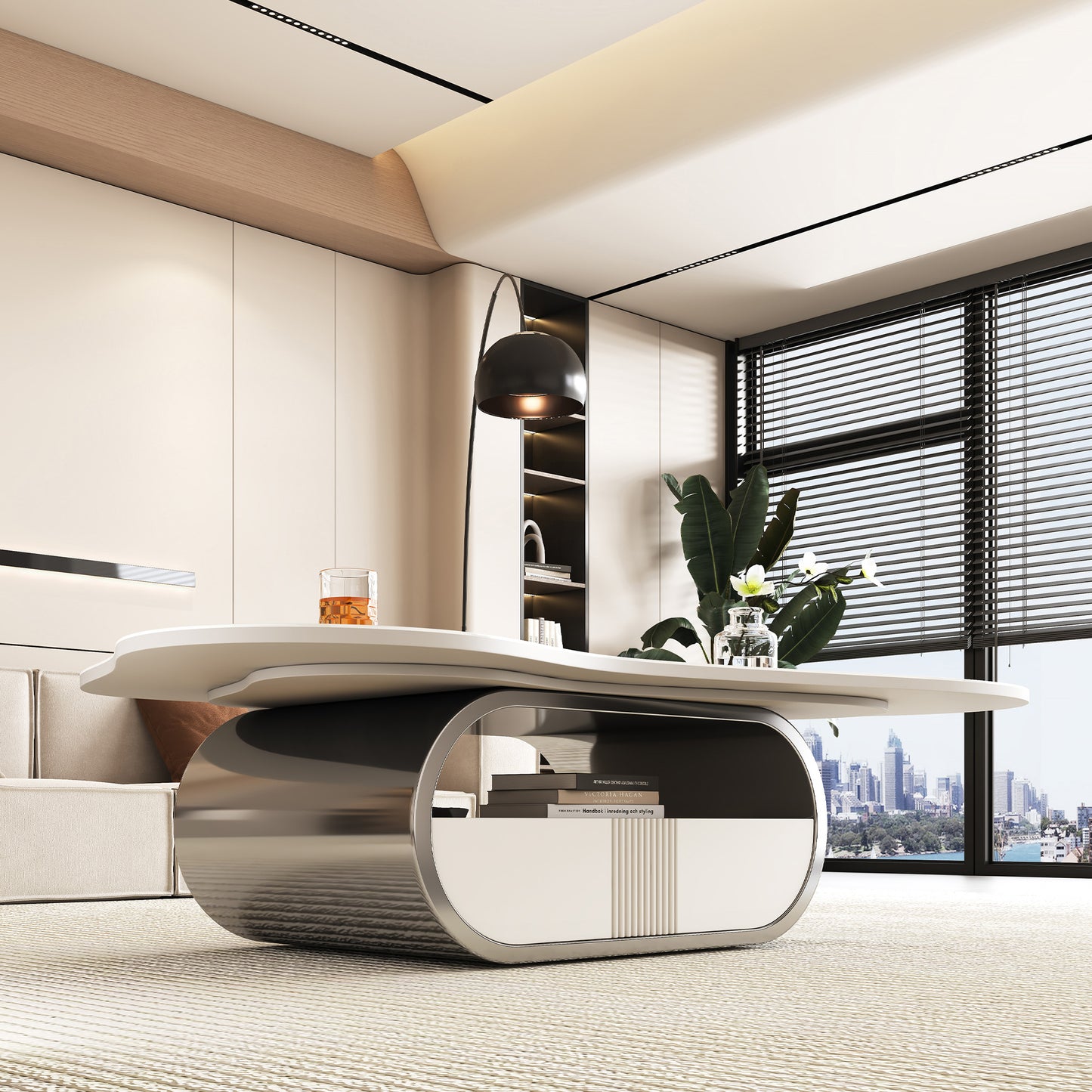 Modern Coffee Table with Sintered Stone Top & Storage Shelf - Grey White